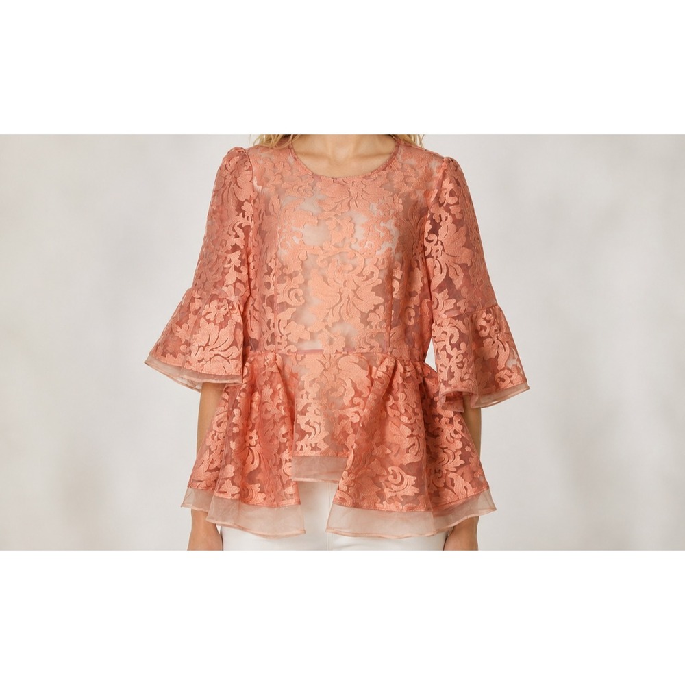 CQ by CQ Romantic Peplum Bell Sleeve Damask Statement Blouse Top Coral Pink SZ M
